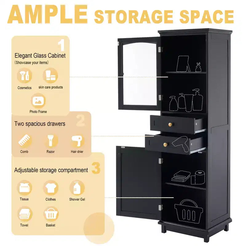Bathroom Cabinet, Modern Tall Storage Cabinet With Glass Door, Freestanding Floor Cabinet With Adjustable Shelves & 2 Drawer