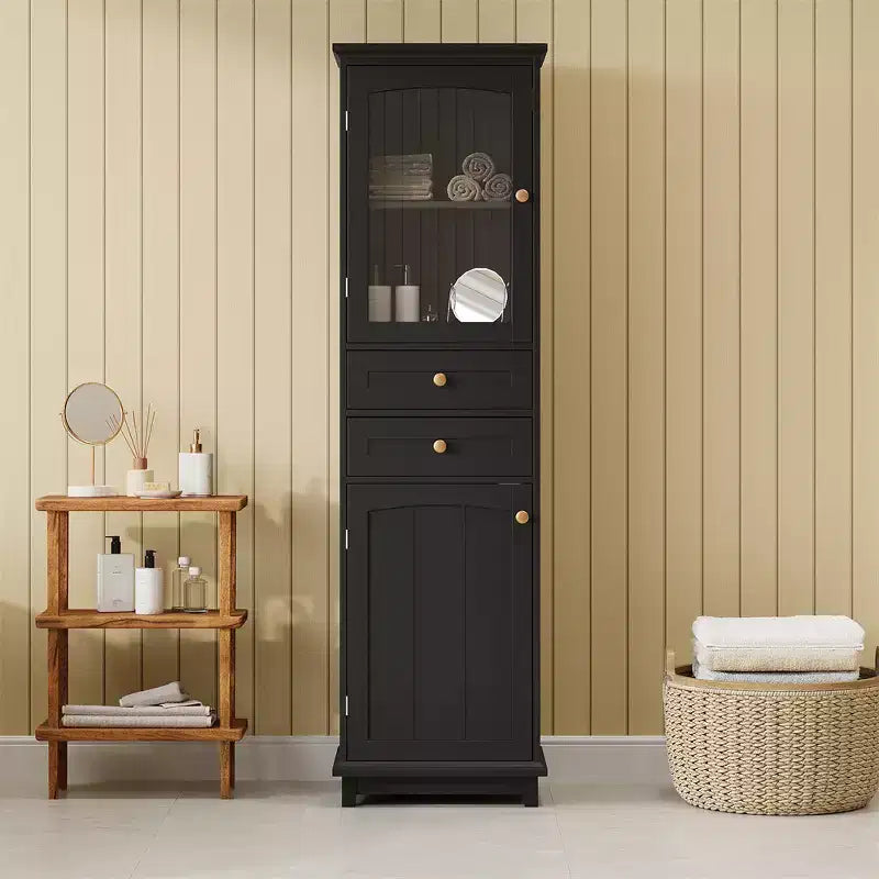 Bathroom Cabinet, Modern Tall Storage Cabinet With Glass Door, Freestanding Floor Cabinet With Adjustable Shelves & 2 Drawer