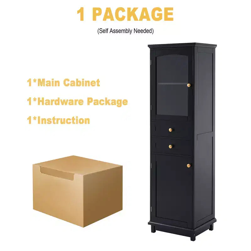 Bathroom Cabinet, Modern Tall Storage Cabinet With Glass Door, Freestanding Floor Cabinet With Adjustable Shelves & 2 Drawer