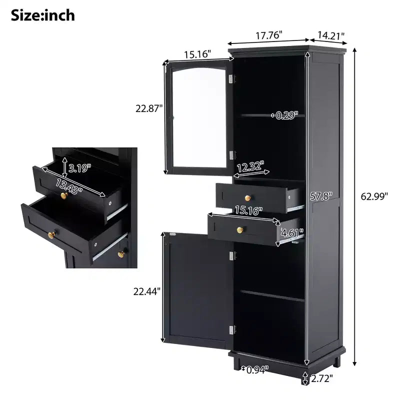 Bathroom Cabinet, Modern Tall Storage Cabinet With Glass Door, Freestanding Floor Cabinet With Adjustable Shelves & 2 Drawer