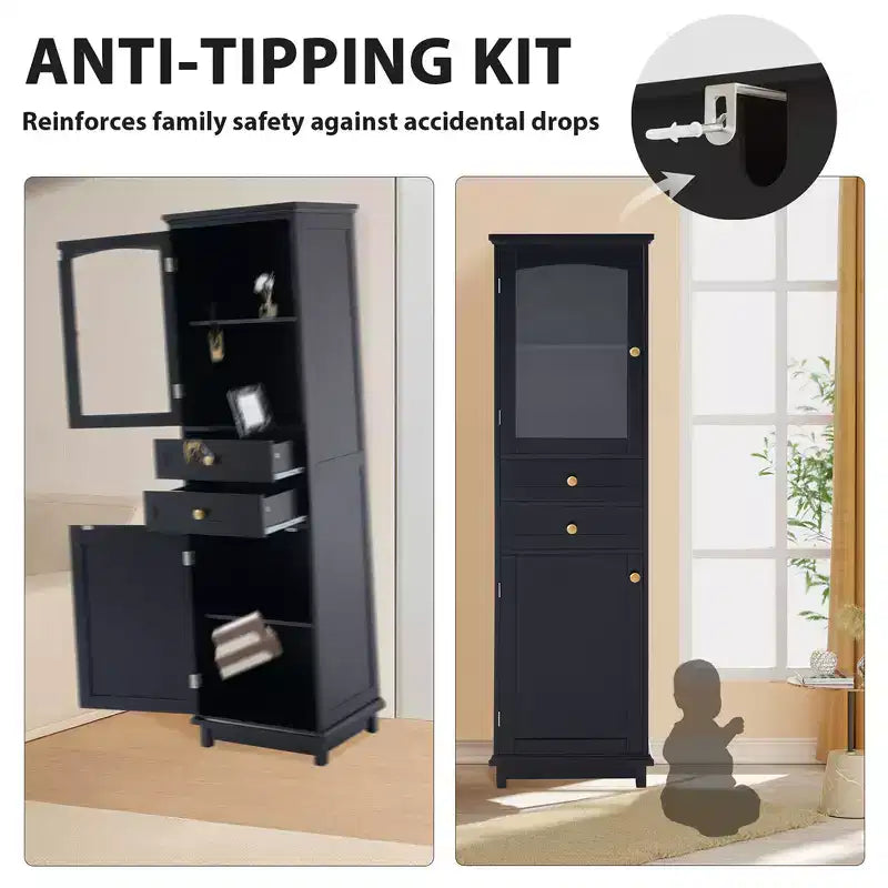 Bathroom Cabinet, Modern Tall Storage Cabinet With Glass Door, Freestanding Floor Cabinet With Adjustable Shelves & 2 Drawer