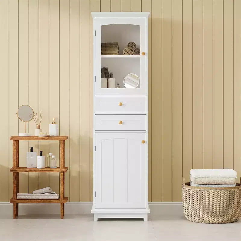 Bathroom Cabinet, Modern Tall Storage Cabinet With Glass Door, Freestanding Floor Cabinet With Adjustable Shelves & 2 Drawer