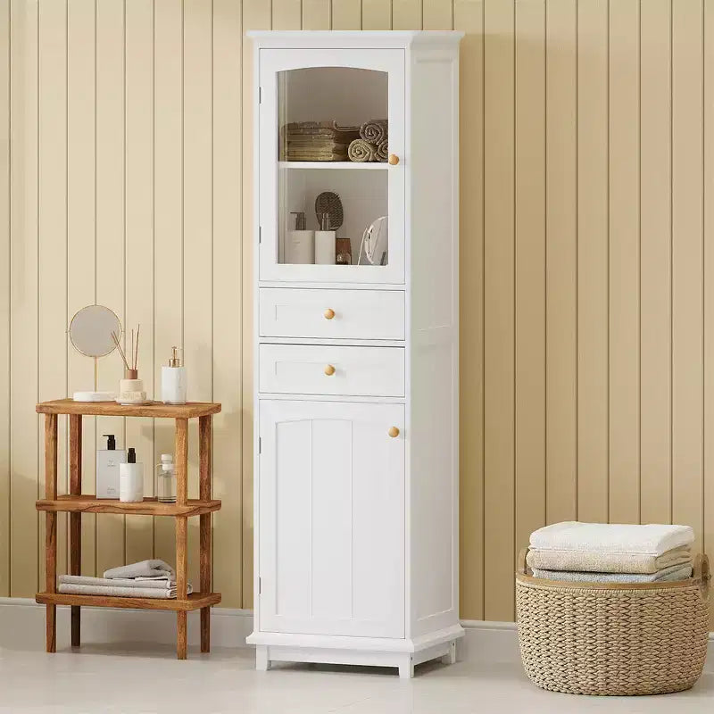 Bathroom Cabinet, Modern Tall Storage Cabinet With Glass Door, Freestanding Floor Cabinet With Adjustable Shelves & 2 Drawer