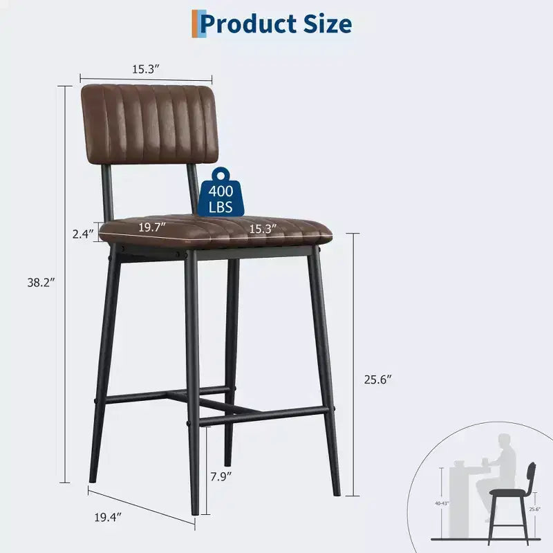 2 PCS Modern Bar Stools, 25.6 Counter Height with PU Leather & Metal Frame, 400 lb Capacity for Kitchen Island or Home Bar