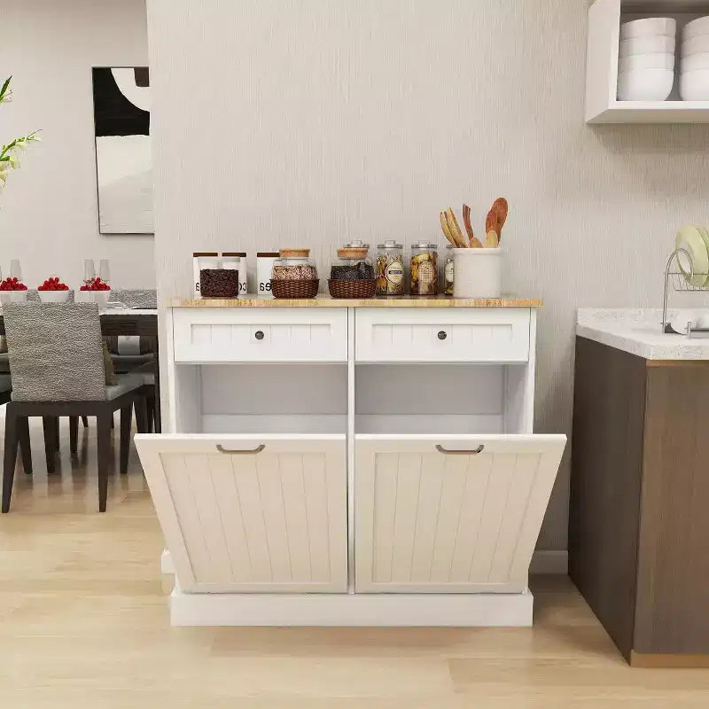 Freestanding Tilt Out Trash Cabinet20-Gallon Kitchen Garbage and Recycling Bin Holder with 2 Hideaway Drawers, Pet-Proof, for Kitchen or Living Room