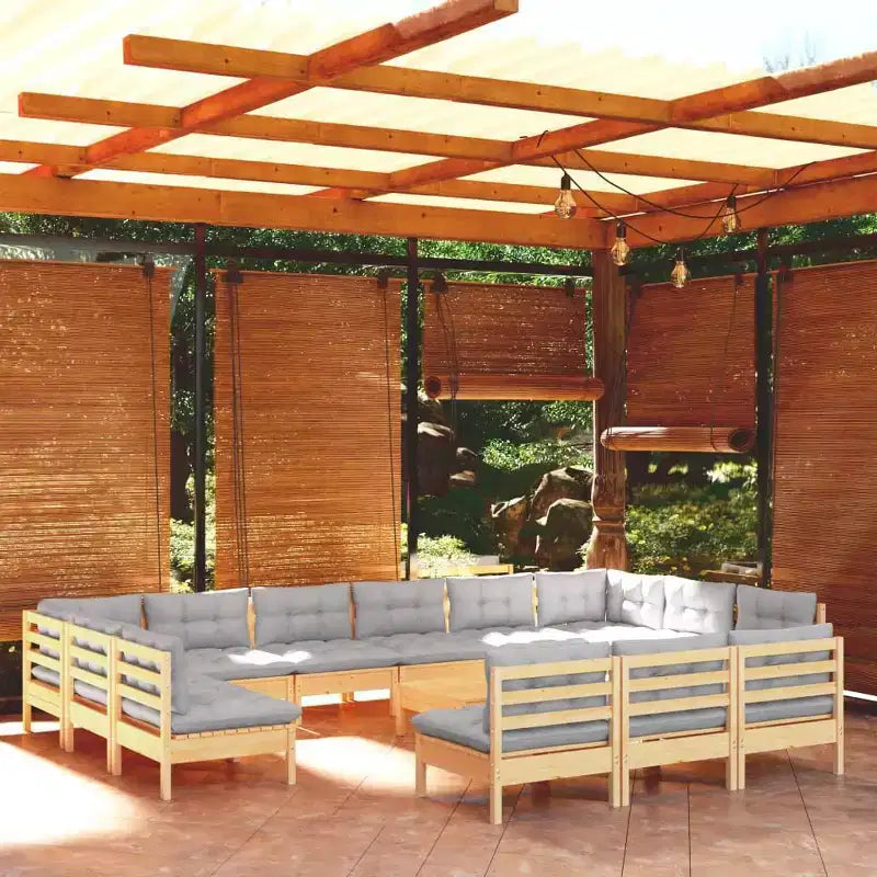 Conjunto de descanso para patio vidaXL de madera maciza de pino, de 14 piezas, con cojines, varios colores - marrón y gris