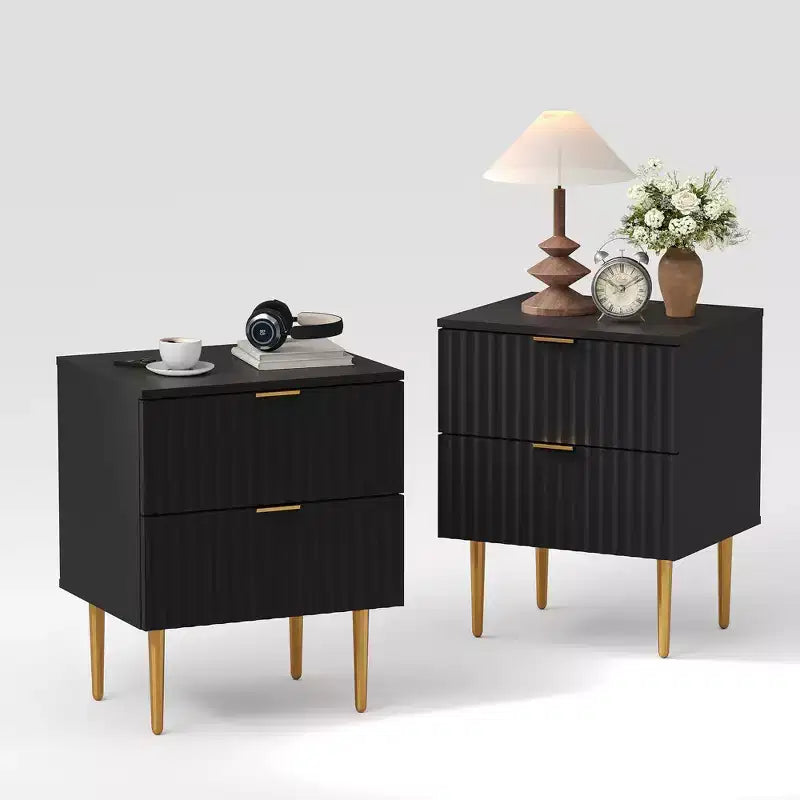 Modern Nightstand with 2 Drawers, Golden and Wood Fluted Night Stand, Side Table for Bedroom Apartment