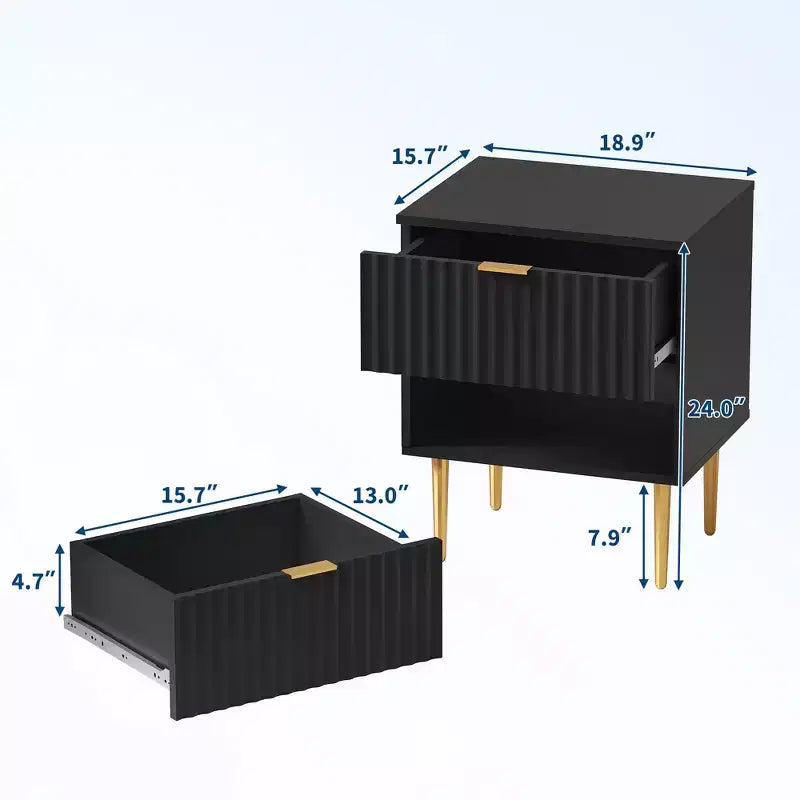 Modern Nightstand with 2 Drawers, Golden and Wood Fluted Night Stand, Side Table for Bedroom Apartment