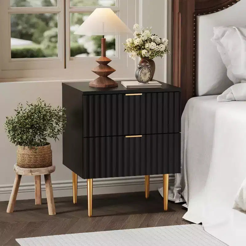 Modern Nightstand with 2 Drawers, Golden and Wood Fluted Night Stand, Side Table for Bedroom Apartment