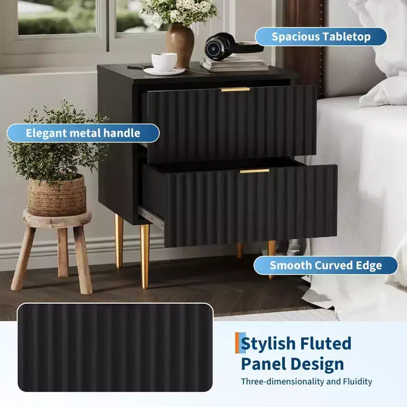 Modern Nightstand with 2 Drawers, Golden and Wood Fluted Night Stand, Side Table for Bedroom Apartment