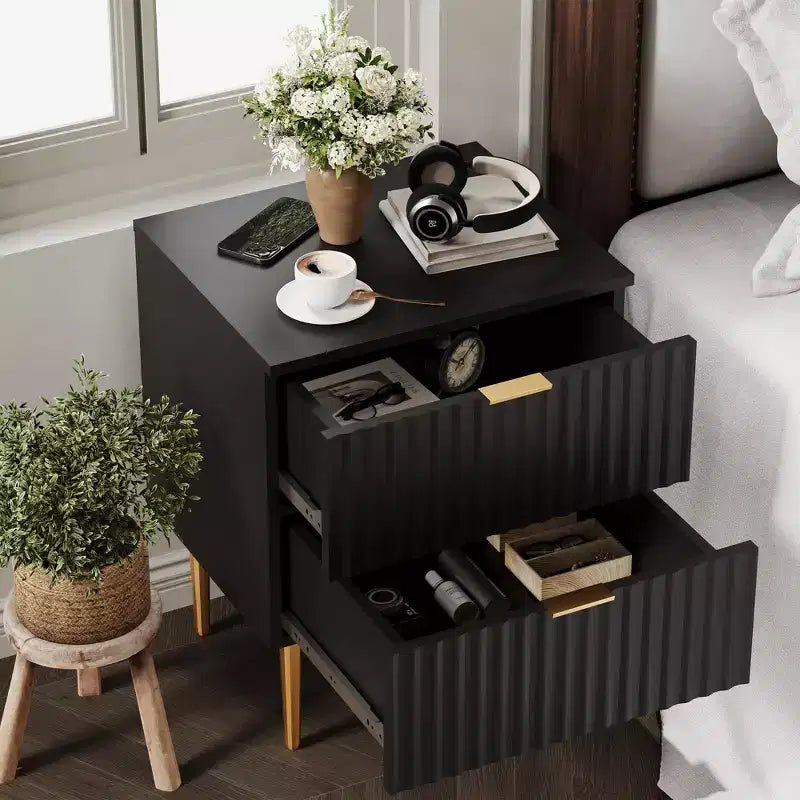 Modern Nightstand with 2 Drawers, Golden and Wood Fluted Night Stand, Side Table for Bedroom Apartment