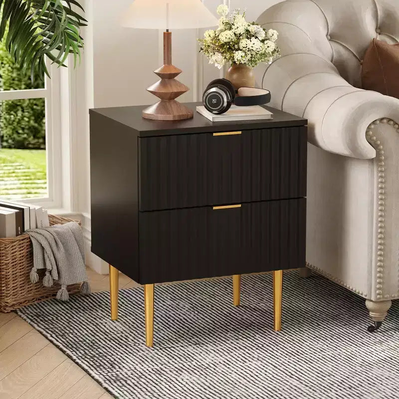 Modern Nightstand with 2 Drawers, Golden and Wood Fluted Night Stand, Side Table for Bedroom Apartment