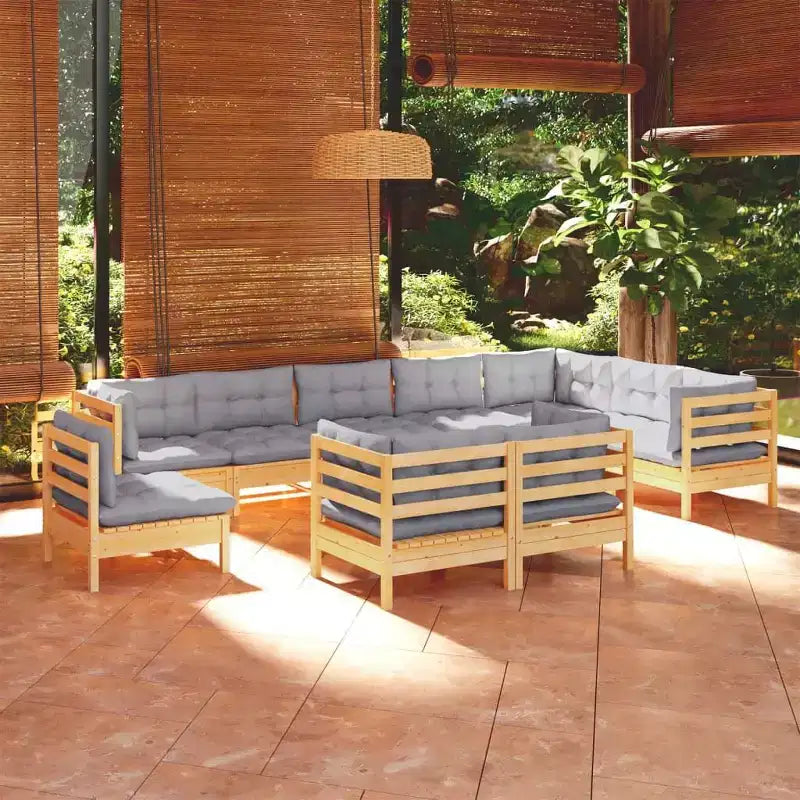 vidaXL Conjunto de salón para patio de madera maciza de pino de 10 piezas con cojines, varios colores - Marrón y gris