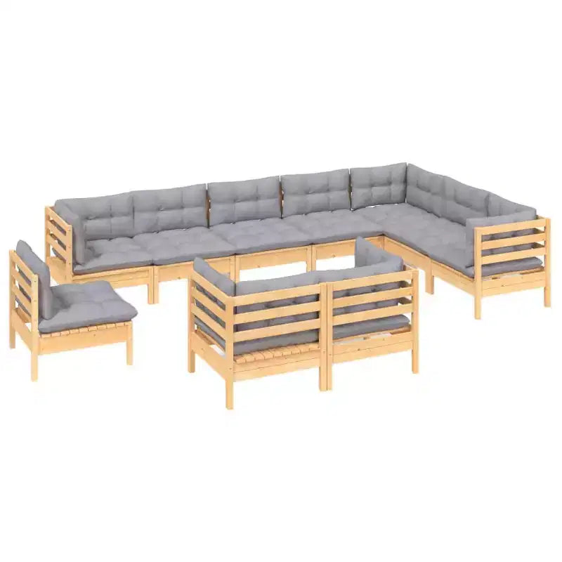 vidaXL Conjunto de salón para patio de madera maciza de pino de 10 piezas con cojines, varios colores - Marrón y gris