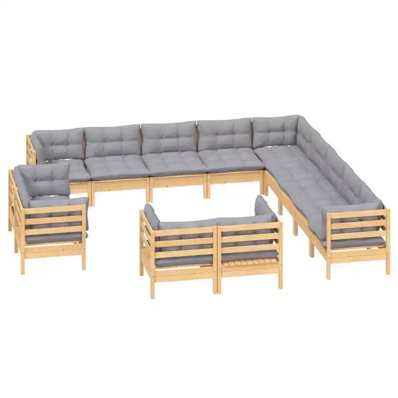 vidaXL Conjunto de salón para patio de madera maciza de pino de 13 piezas con cojines, varios colores - Marrón y gris