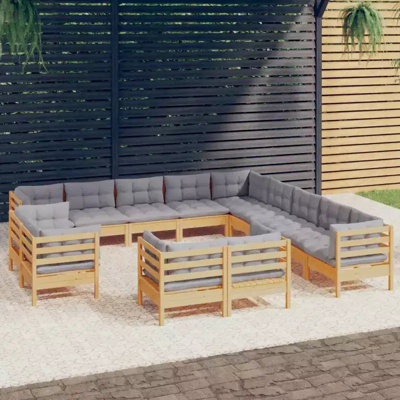 vidaXL Conjunto de salón para patio de madera maciza de pino de 13 piezas con cojines, varios colores - Marrón y gris