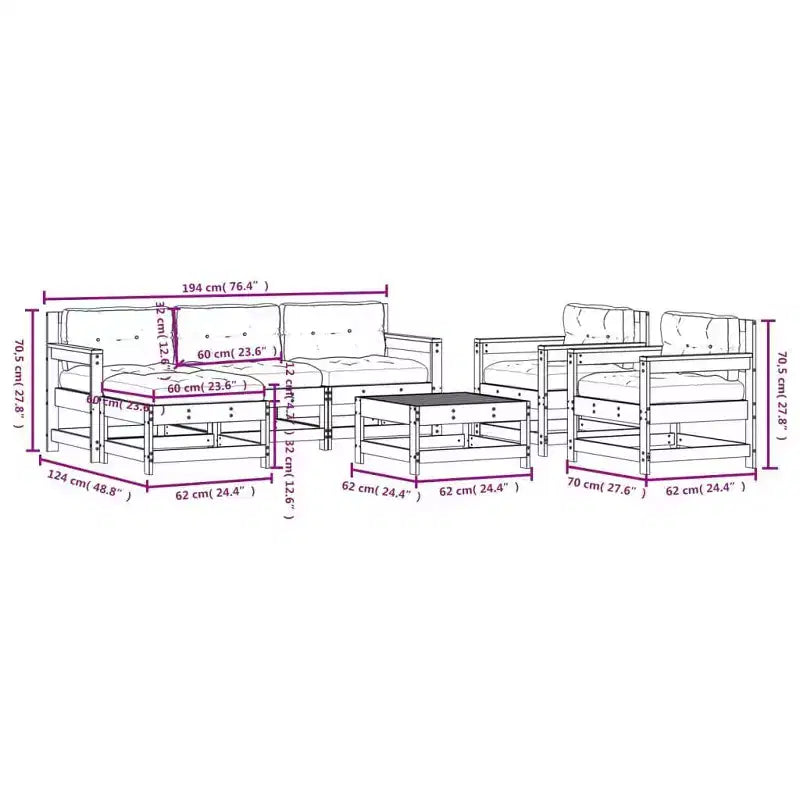 vidaXL Ensemble de salon de jardin avec coussins, mobilier d’extérieur 7 pièces en bois massif