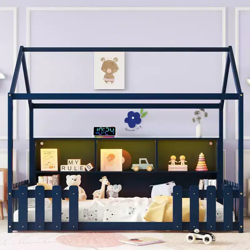 Twin Size House Bed with LED Light, Wood House Bed with Storage Bookshelf, Floor House Bed with Guardrails for Kids, Navy Blue