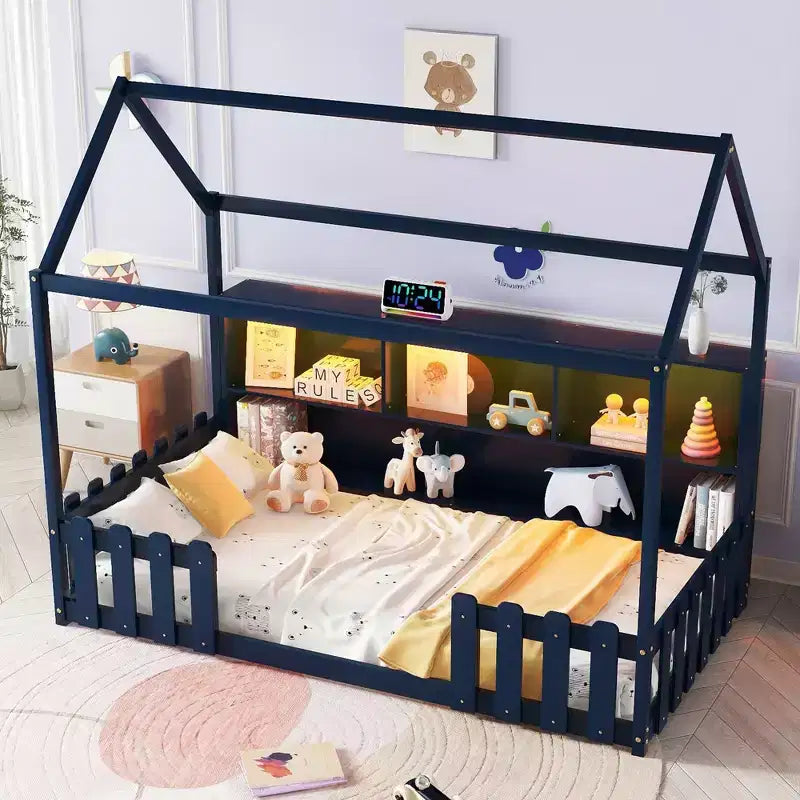 Twin Size House Bed with LED Light, Wood House Bed with Storage Bookshelf, Floor House Bed with Guardrails for Kids, Navy Blue