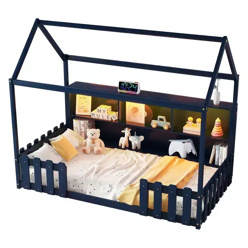 Twin Size House Bed with LED Light, Wood House Bed with Storage Bookshelf, Floor House Bed with Guardrails for Kids, Navy Blue