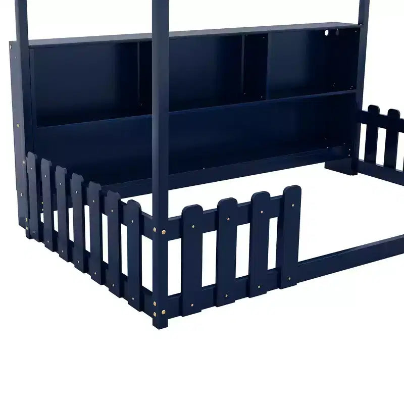 Twin Size House Bed with LED Light, Wood House Bed with Storage Bookshelf, Floor House Bed with Guardrails for Kids, Navy Blue