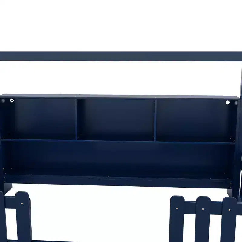 Twin Size House Bed with LED Light, Wood House Bed with Storage Bookshelf, Floor House Bed with Guardrails for Kids, Navy Blue