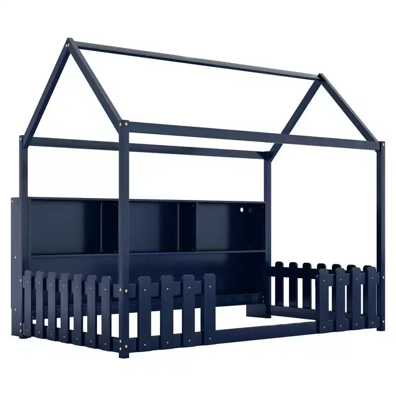 Twin Size House Bed with LED Light, Wood House Bed with Storage Bookshelf, Floor House Bed with Guardrails for Kids, Navy Blue