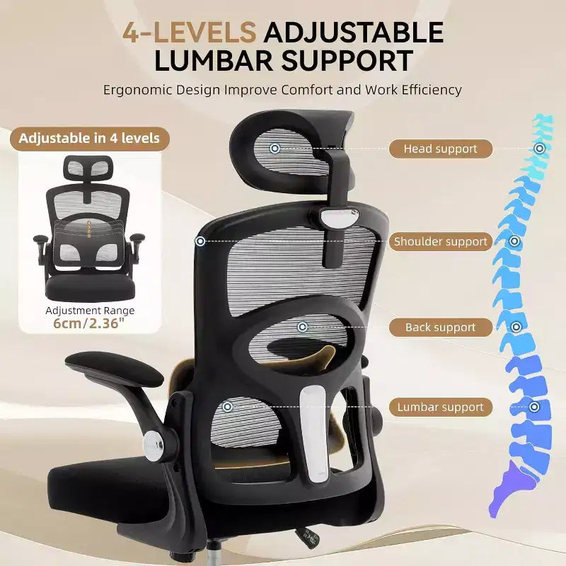 Ergonomic Office Chair with Adjustable Lumbar Support and Headrest, High-Back Mesh Desk Chair with Wheels for Home or Office Use, Black