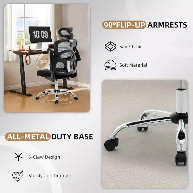 Ergonomic Office Chair with Adjustable Lumbar Support and Headrest, High-Back Mesh Desk Chair with Wheels for Home or Office Use, Black