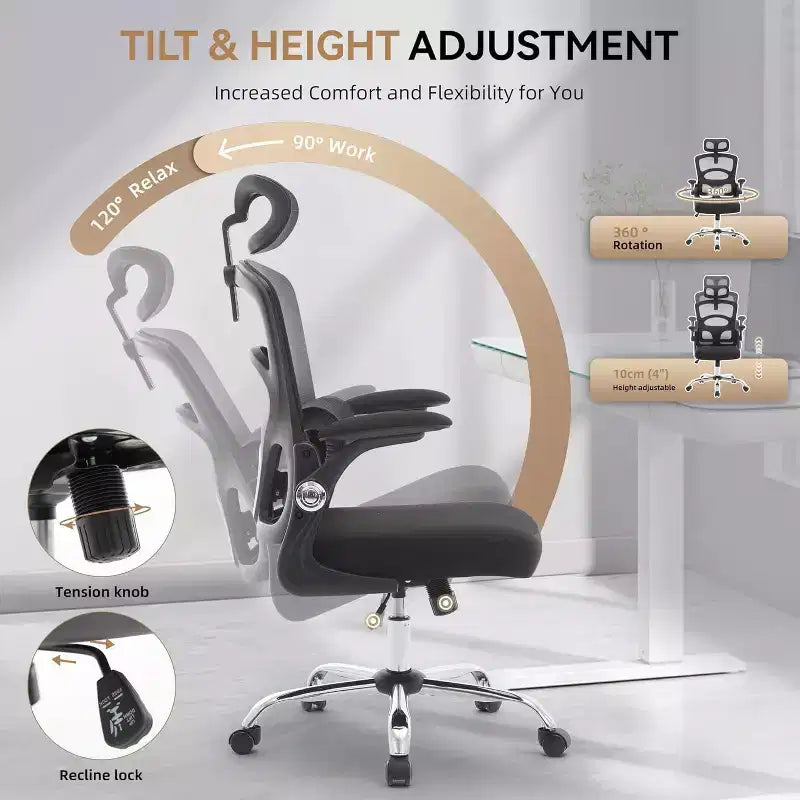 Ergonomic Office Chair with Adjustable Lumbar Support and Headrest, High-Back Mesh Desk Chair with Wheels for Home or Office Use, Black