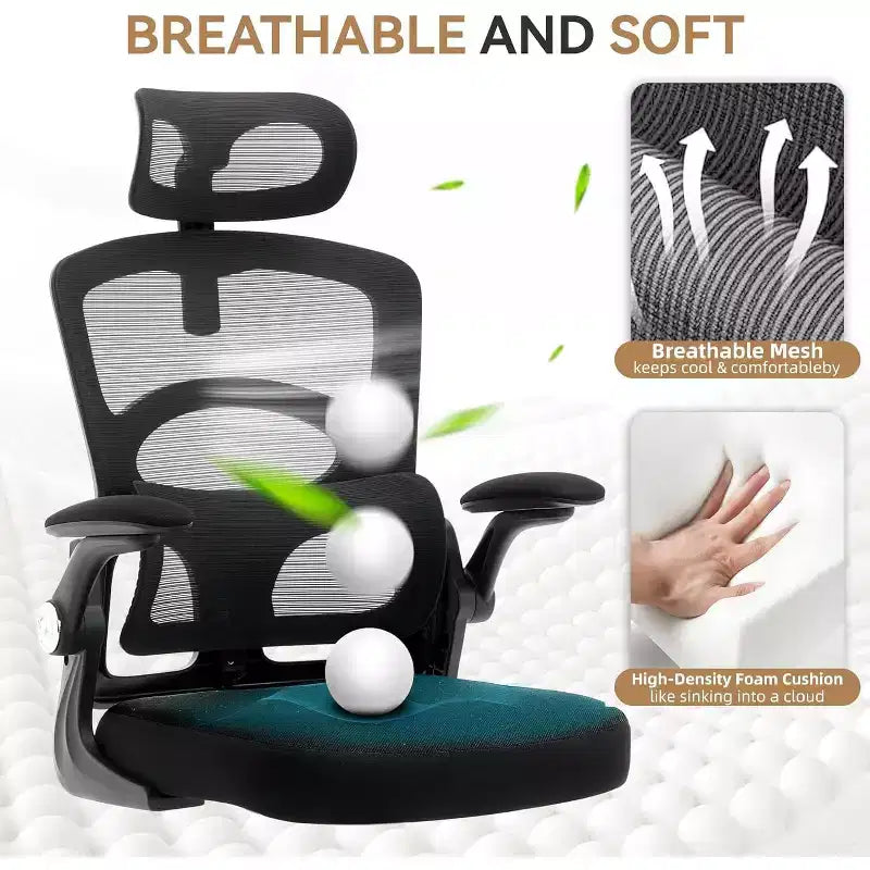 Ergonomic Office Chair with Adjustable Lumbar Support and Headrest, High-Back Mesh Desk Chair with Wheels for Home or Office Use, Black