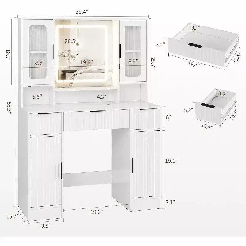 Makeup Vanity Desk with Mirror and 3 Drawers, Bedroom Dressing Table Set