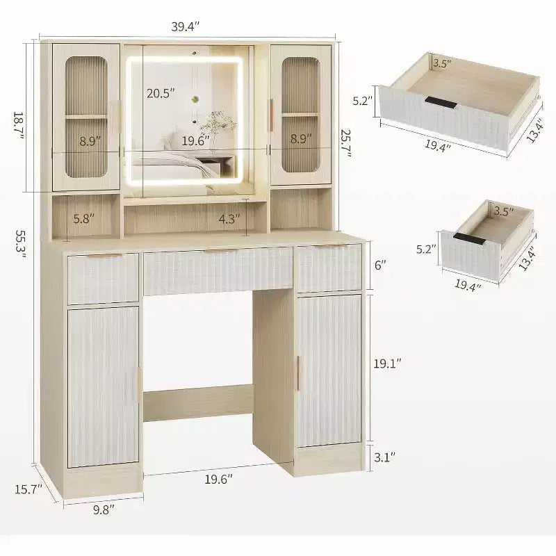 Makeup Vanity Desk with Mirror and 3 Drawers, Bedroom Dressing Table Set