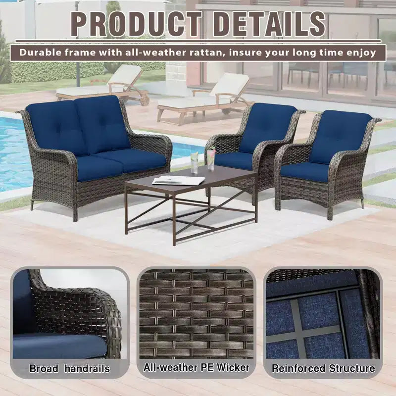 Conjunto UPTIOT de salón para exterior de 4 piezas, resistente a cualquier clima, con sofá de dos plazas, sillas y mesa de vidrio templado