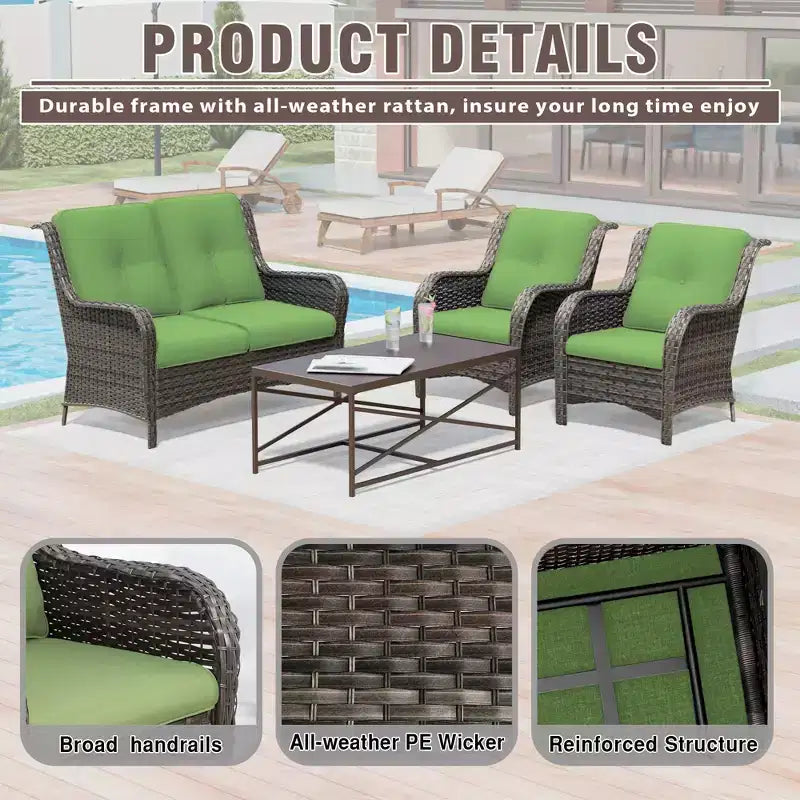 Conjunto UPTIOT de salón para exterior de 4 piezas, resistente a cualquier clima, con sofá de dos plazas, sillas y mesa de vidrio templado