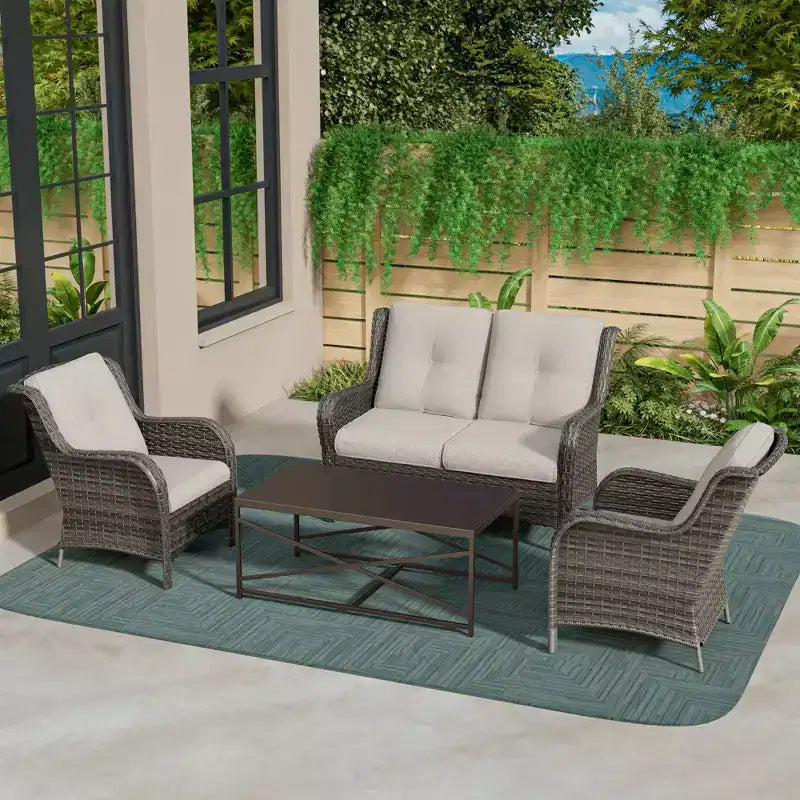 Conjunto UPTIOT de salón para exterior de 4 piezas, resistente a cualquier clima, con sofá de dos plazas, sillas y mesa de vidrio templado