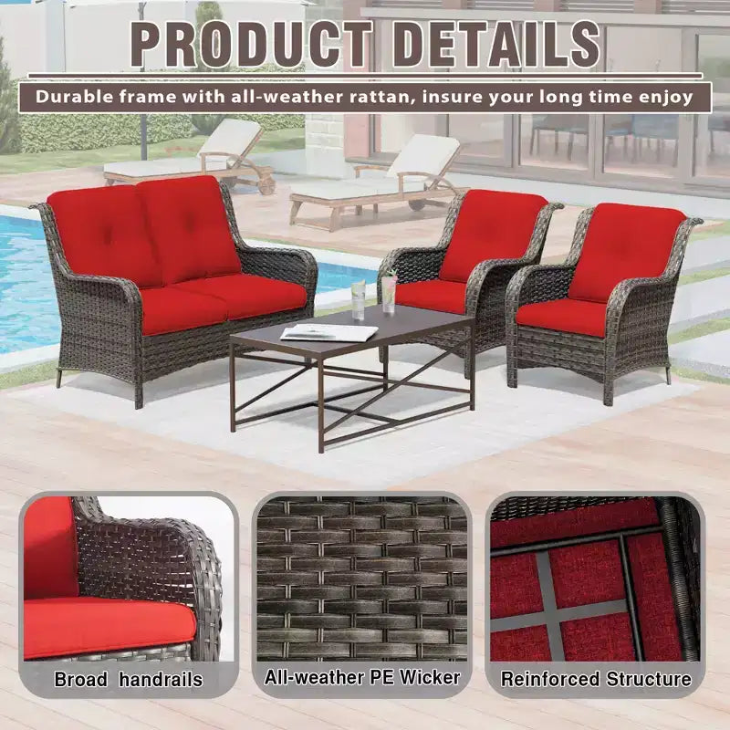 Conjunto UPTIOT de salón para exterior de 4 piezas, resistente a cualquier clima, con sofá de dos plazas, sillas y mesa de vidrio templado