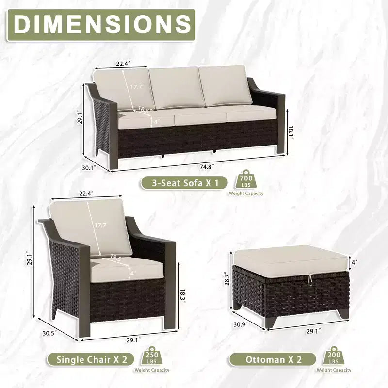 Conjunto de patio exterior UPTIOT con sofá de 3 plazas, 2 sillas mecedoras y 2 otomanas
