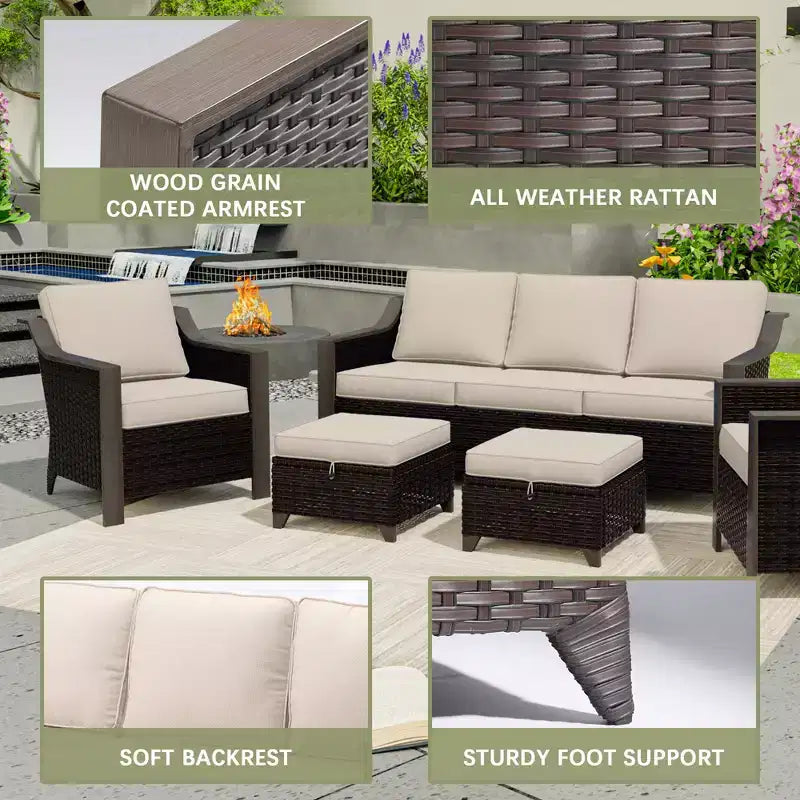 Conjunto de patio exterior UPTIOT con sofá de 3 plazas, 2 sillas mecedoras y 2 otomanas