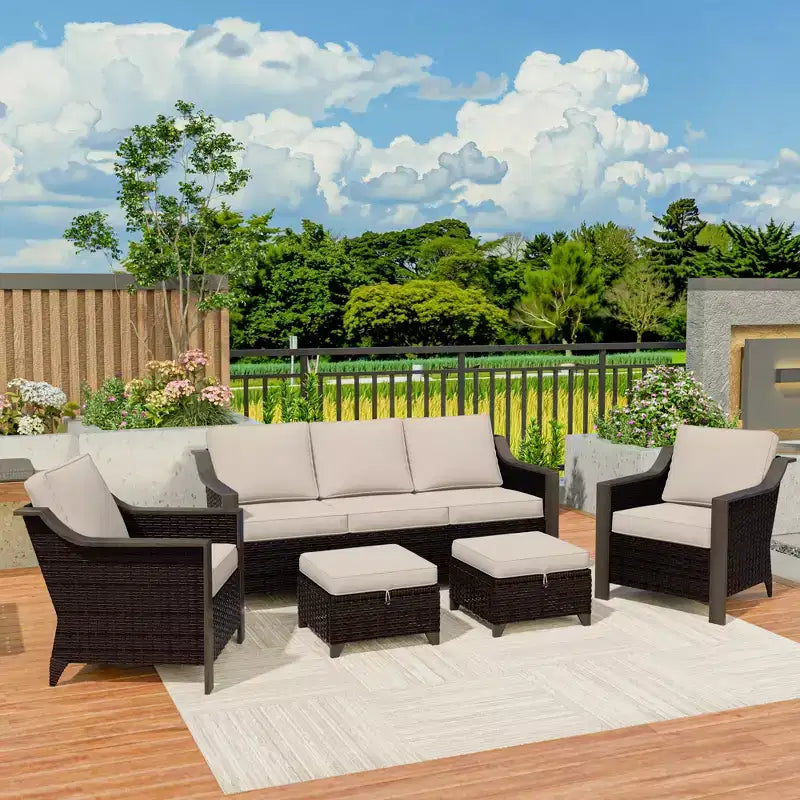 Conjunto de patio exterior UPTIOT con sofá de 3 plazas, 2 sillas mecedoras y 2 otomanas