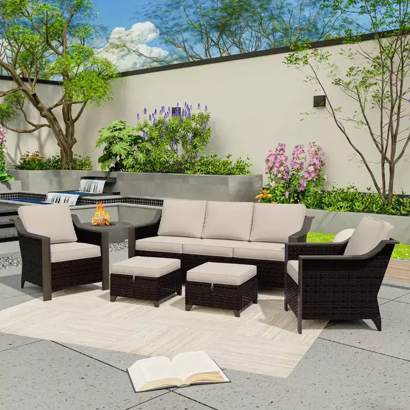 Conjunto de patio exterior UPTIOT con sofá de 3 plazas, 2 sillas mecedoras y 2 otomanas