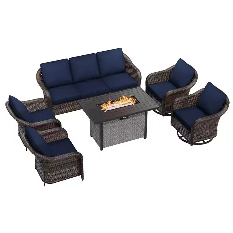 Conjunto exterior UPTIOT de 6 piezas con sofá de 3 plazas, 2 sillas giratorias, 2 sillas individuales y mesa con fogón marrón de 50,000 BTU