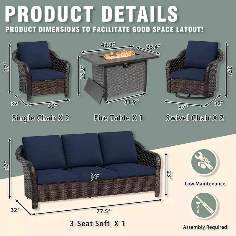 Conjunto exterior UPTIOT de 6 piezas con sofá de 3 plazas, 2 sillas giratorias, 2 sillas individuales y mesa con fogón marrón de 50,000 BTU