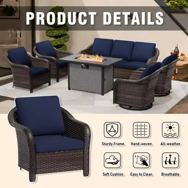 Conjunto exterior UPTIOT de 6 piezas con sofá de 3 plazas, 2 sillas giratorias, 2 sillas individuales y mesa con fogón marrón de 50,000 BTU