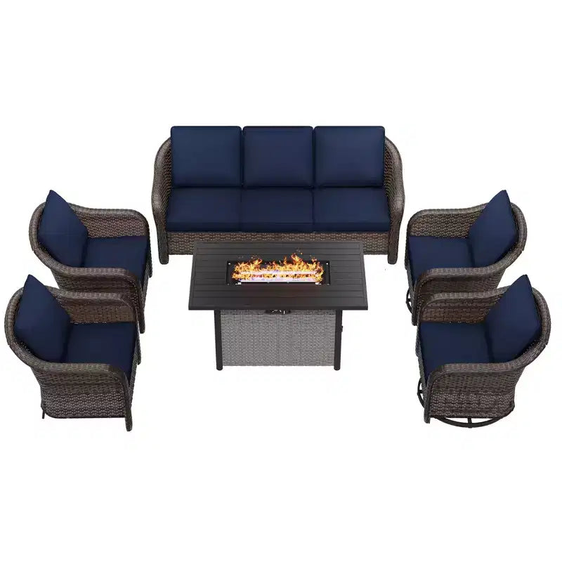 Conjunto exterior UPTIOT de 6 piezas con sofá de 3 plazas, 2 sillas giratorias, 2 sillas individuales y mesa con fogón marrón de 50,000 BTU
