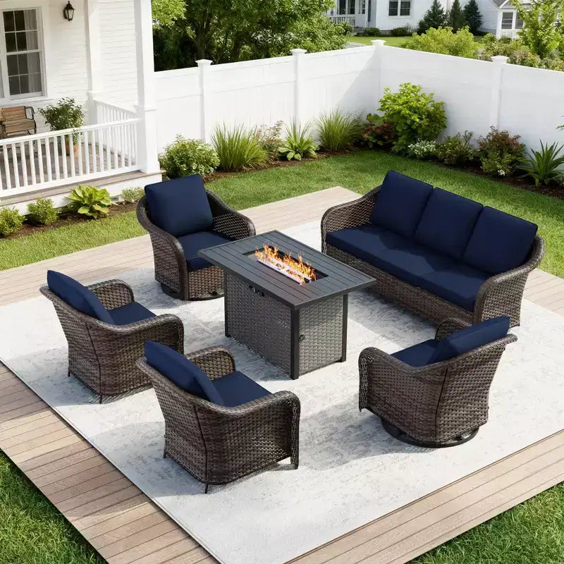Conjunto exterior UPTIOT de 6 piezas con sofá de 3 plazas, 2 sillas giratorias, 2 sillas individuales y mesa con fogón marrón de 50,000 BTU