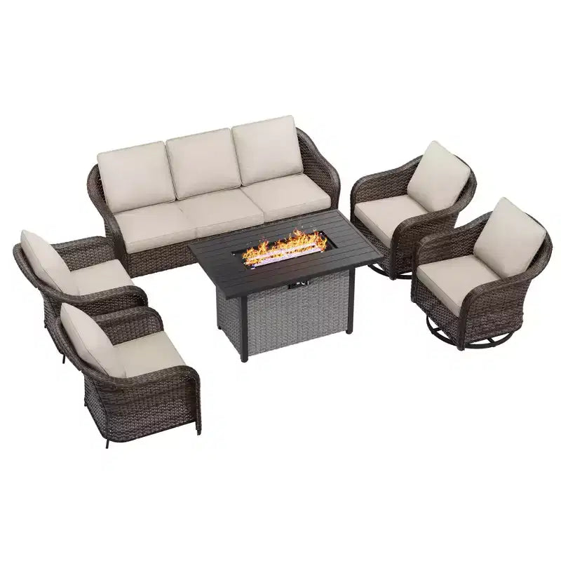 Conjunto exterior UPTIOT de 6 piezas con sofá de 3 plazas, 2 sillas giratorias, 2 sillas individuales y mesa con fogón marrón de 50,000 BTU