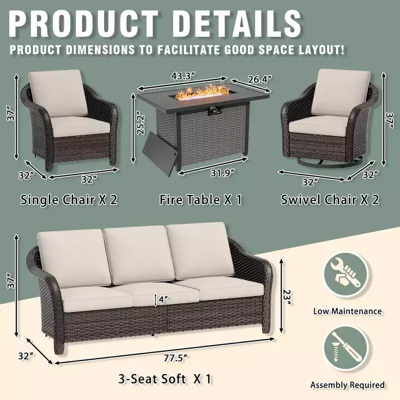 Conjunto exterior UPTIOT de 6 piezas con sofá de 3 plazas, 2 sillas giratorias, 2 sillas individuales y mesa con fogón marrón de 50,000 BTU