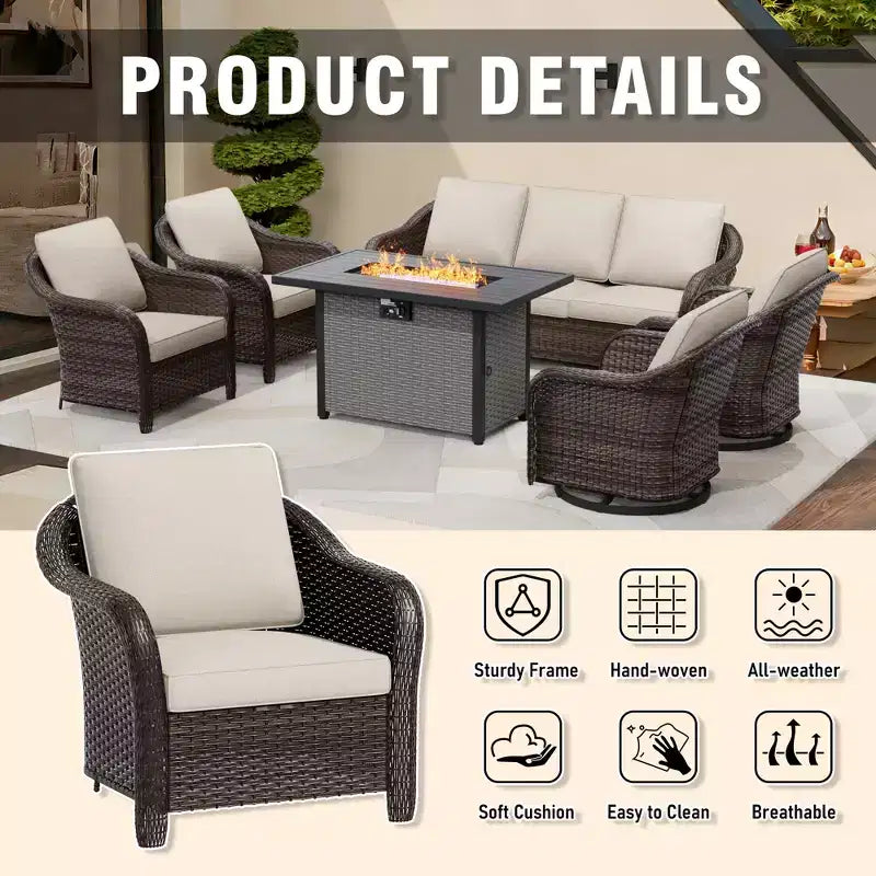 Conjunto exterior UPTIOT de 6 piezas con sofá de 3 plazas, 2 sillas giratorias, 2 sillas individuales y mesa con fogón marrón de 50,000 BTU