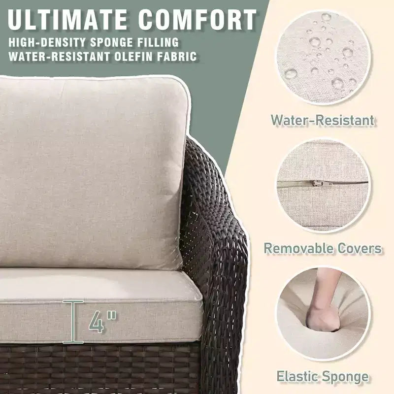 Conjunto exterior UPTIOT de 6 piezas con sofá de 3 plazas, 2 sillas giratorias, 2 sillas individuales y mesa con fogón marrón de 50,000 BTU